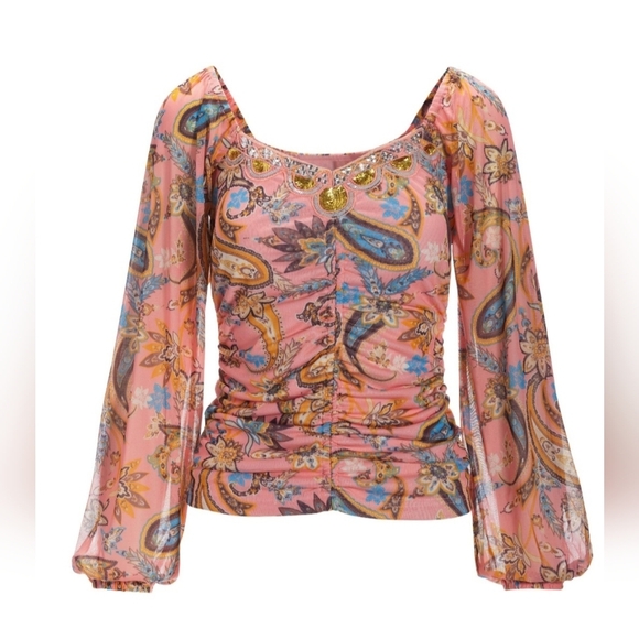 Paisley Mesh Embellished Ruched Top Pink Multi - Picture 2 of 6